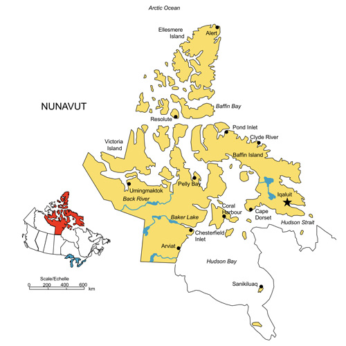 Nunavut, Canada Territory PowerPoint Map, Highways, Waterways, Cities. Editable PowerPoint and Adobe Illustrator Clip Art map, includes a JPG map