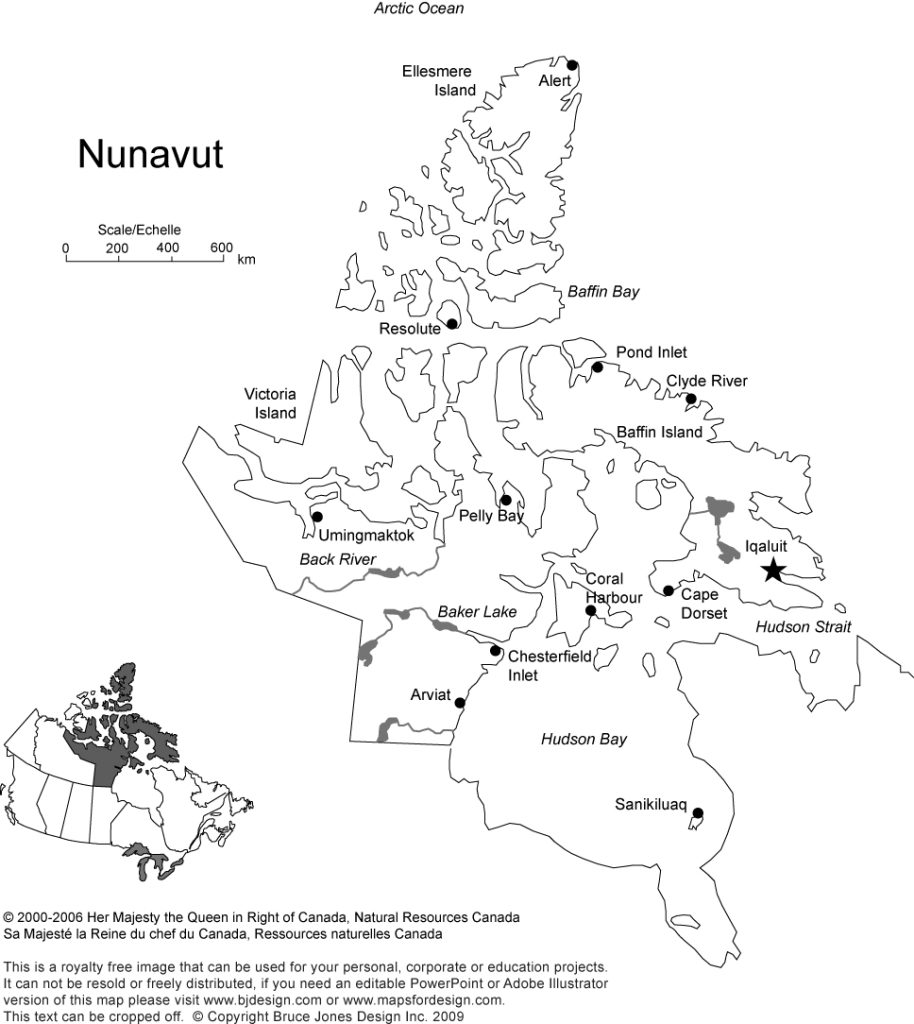 Printable, Blank Map of Nunavut, Canada province, includes the Capital, Major Cities, Major Highways, Waterways, and Lakes, royalty-free in jpg format, Will print out to make an 8.5 x 11 map. Capital Ialuit, Canada, other cities, Cape Dorset, Pelly Bay, Hudson Bay, Umingmaktok.
