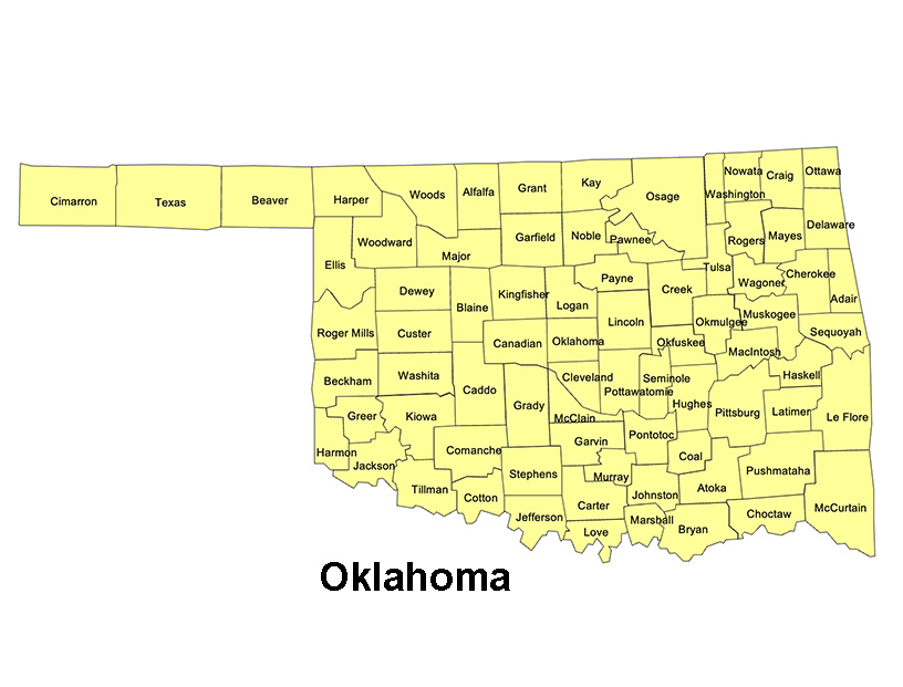 Oklahoma State County Map, with names, printable, royalty-free, jpg format.