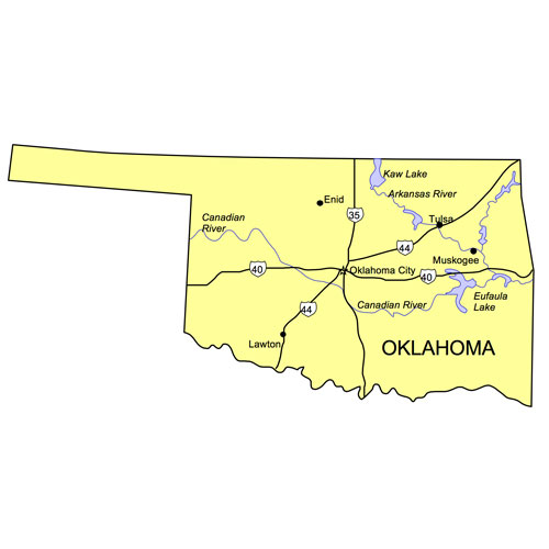 Oklahoma US State PowerPoint Map, Highways, Waterways, Capital and Major Cities