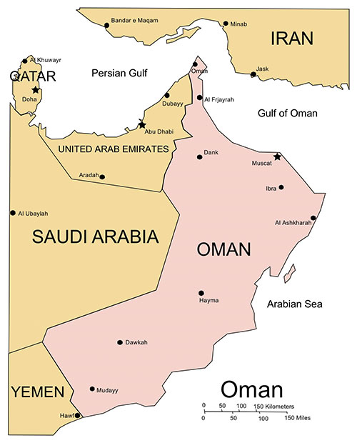 Oman Country Map, Capitals. Names. Edit with PowerPoint or Adobe Illustrator, includes a JPG version