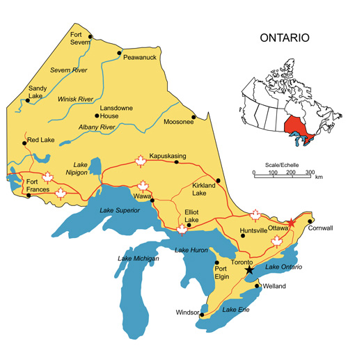 Ontario, Canada Province PowerPoint and Adobe Illustrator Clip Art Map, Highways, Waterways, Cities and names. Editable PowerPoint and Adobe Illustrator Clip Art map, includes a JPG map