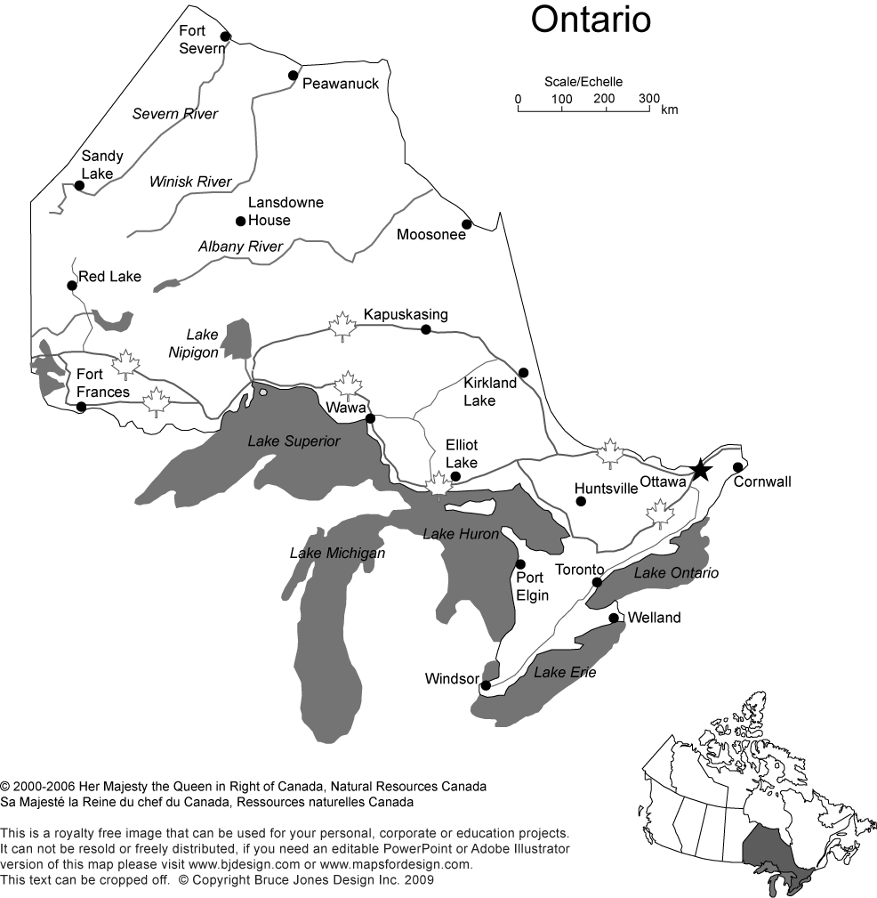 Printable, Blank Map of Ontario, Canada province, includes the Capital, Major Cities, Major Highways, Waterways, and Lakes, royalty-free in jpg format, Will print out to make 8.5 x 11 map. Capital Ottawa, Canada, other cities, Toronto, Cornwall, Windsor, Fort Frances.