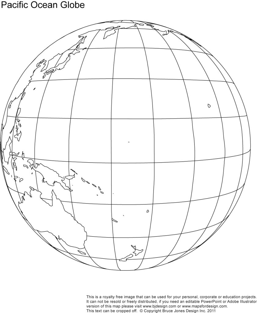 Printable Pacific Ocean, Globe Blank Map, jpg format. This map can be printed out to make an 8.5 x 11 map. Shows Japan, Pacific Ocean, Indonesia, Philippines, South East Asia, China, Australia, New Guinea.
