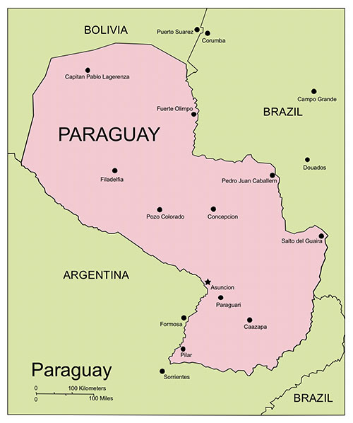 Paraguay, country, with country outline. Editable PowerPoint and Adobe Illustrator clip art maps, includes names.