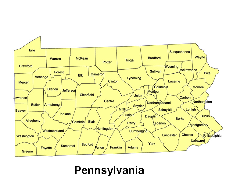 Pennsylvania State County Map, with names, printable, royalty-free, jpg format.