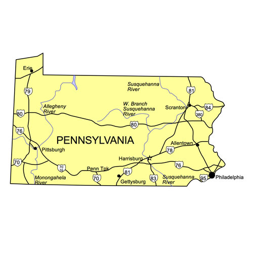 Pennsylvania US State PowerPoint Map, Highways, Waterways, Capital and Major Cities