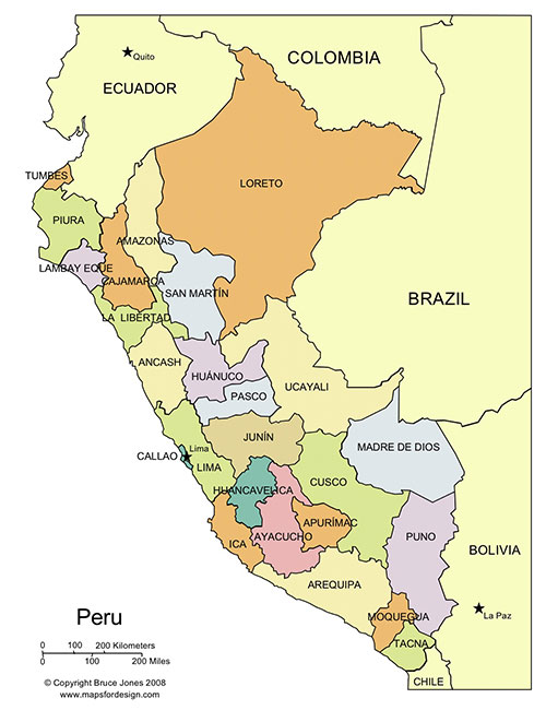 Peru, country with administrative districts. Editable PowerPoint and Adobe Illustrator clip art maps, includes names.