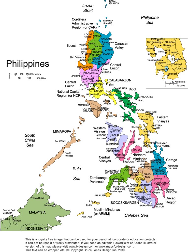 Royalty Free, Printable, Philippines Map with names, jpg format. Includes parts of Malaysia, Indonesia, and Brunei. Includes text names of capitals, and administative districts and in color. This map can be printed out to make an 8.5 x 11 printable map.