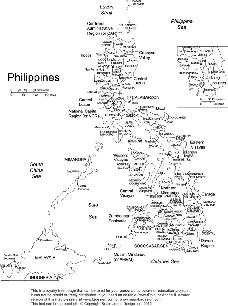Royalty Free, Printable, Blank, Philippines Map with Administrative Districts and names, jpg format. Includes parts of Malaysia, Indonesia, and Brunei. This map can be printed out to make an 8.5 x 11 printable map.