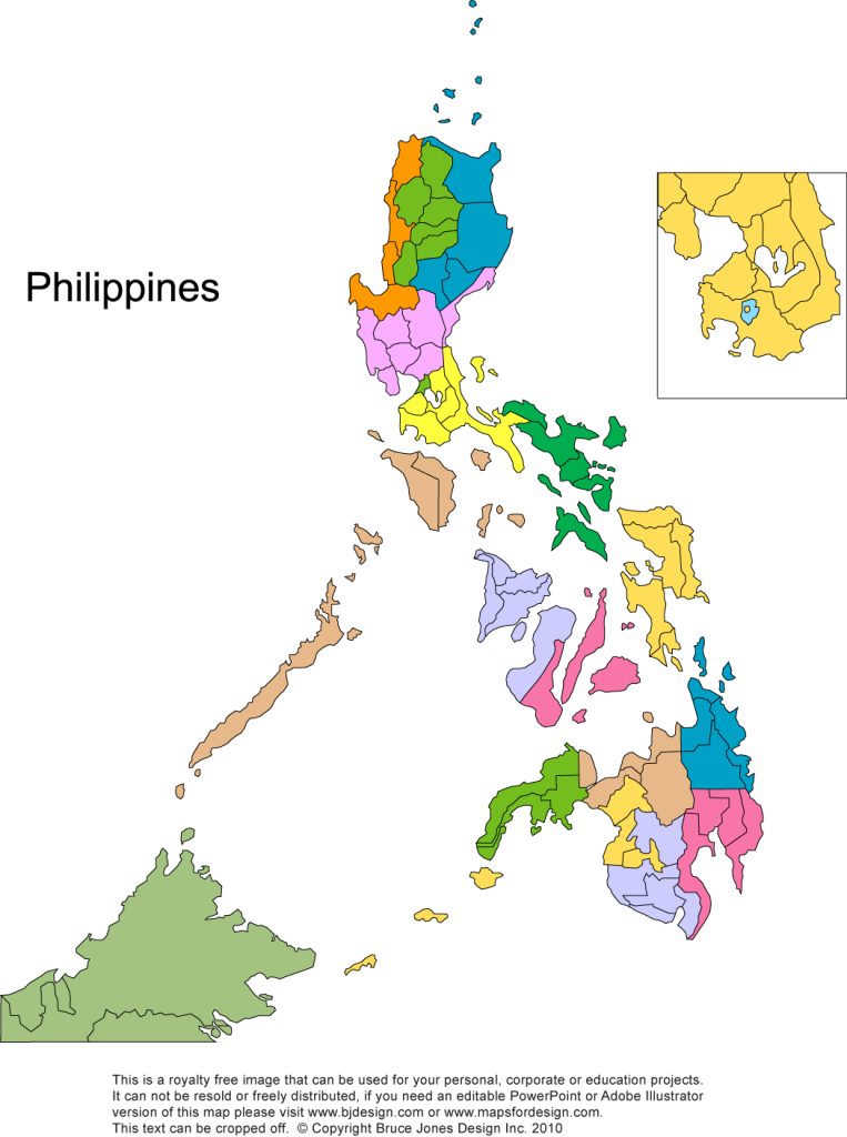 Royalty Free, Printable, Philippines Map, Administrative Districts, jpg format. Includes parts of Malaysia, Indonesia, and Brunei. No text, in color. This map can be printed out to make an 8.5 x 11 printable map.