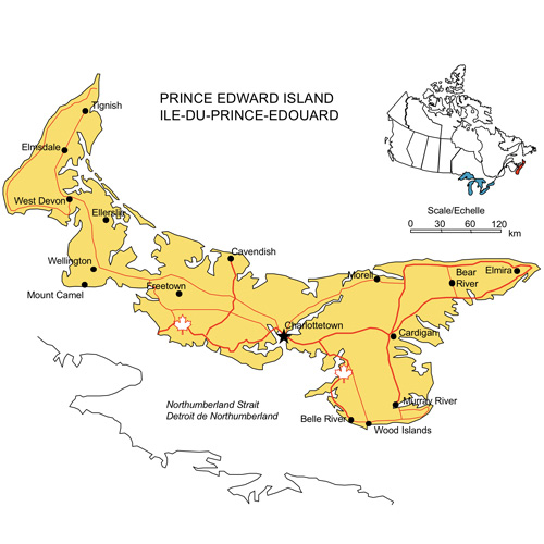 Prince Edward Island, Canada Province PowerPoint and Adobe Illustrator Clip Art Map, Highways, Waterways, Cities and names. Editable PowerPoint and Adobe Illustrator Clip Art map, includes a JPG map