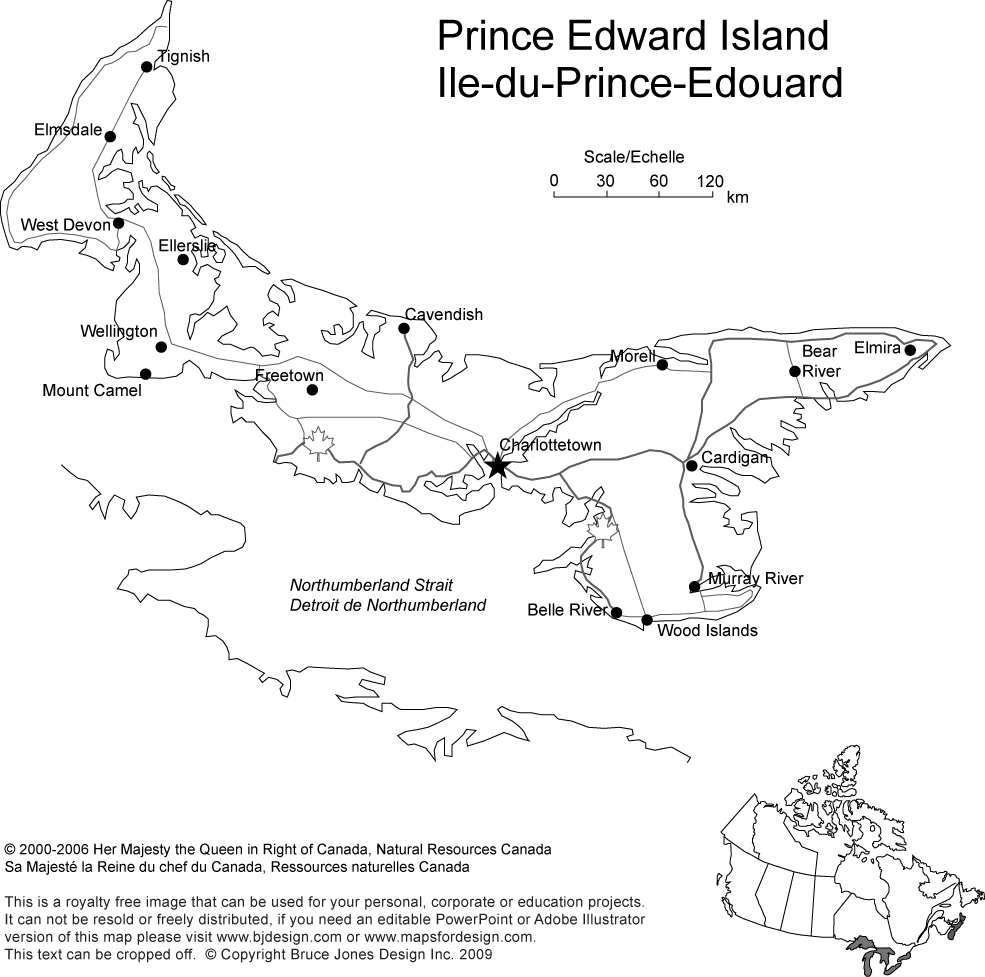 Printable, Blank Map of Prince Edward Island, Canada province, includes the Capital, Major Cities, Major Highways, Waterways, and Lakes, royalty-free in jpg format, Will print out to make 8.5 x 11 map. Capital Charlottetown, Canada, other cities, Elmira, Freetown, Belle River, Wellington, Murray River
