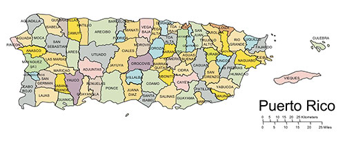 Puerto Rico, US territory, with administrative districts. Editable PowerPoint and Adobe Illustrator clip art maps, includes names.