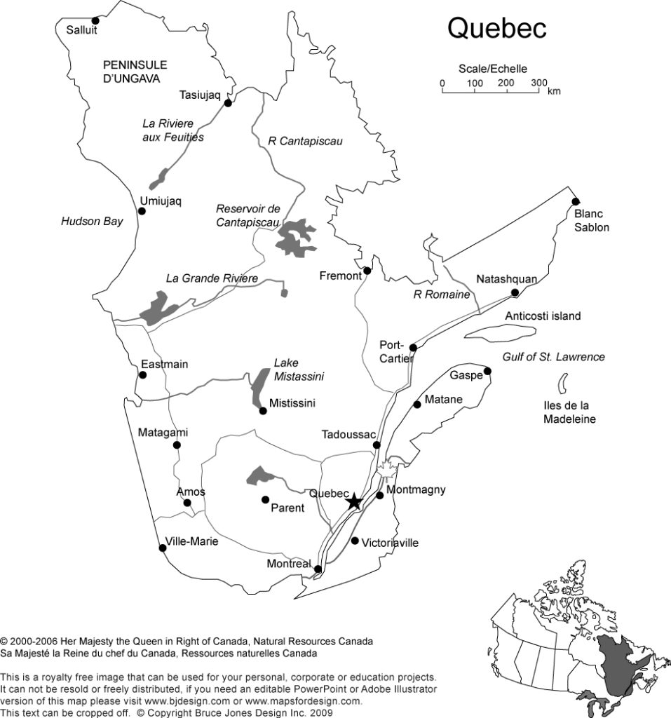 Printable, Blank Map of Quebec, Canada province, includes the Capital, Major Cities, Major Highways, Waterways and Lakes, royalty-free with jpg format, Will print out to make 8.5 x 11 map. Capital Quebec, Canada, other cities, Montreal, Gaspe, Montmagny Amos, Eastmein