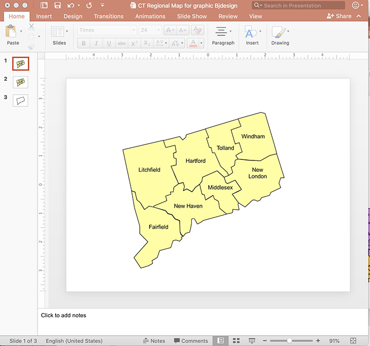 Regional Connecticut County Map, perfect for building a region. Edit with PowerPoint