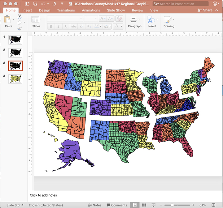 USA Regional County Map, perfect for building a region sales territory. Edit with PowerPoint