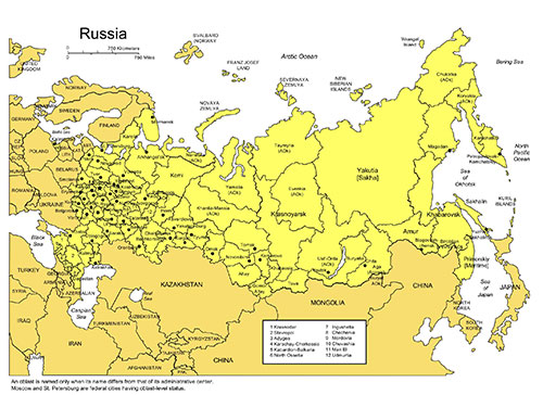 Russia Country Map, Administrative Districts, Capitals, Names. Edit with PowerPoint or Adobe Illustrator, includes a JPG map