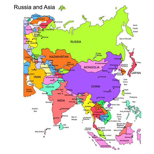 Russia and Asia Regional Clip Art Map, Countries, Names. Editable in PowerPoint and Adobe Illustrator, plus JPG format