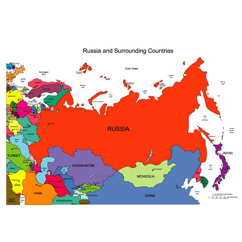 Russia with surrounding countries, Regional Clip Art Map, Countries, Japan, Mongolia, China, Kazakhstan, Finland, Eastern Europe, Belarus, Ukraine, with Names. Printable, royalty-free, jpg format. Right-click to Download.