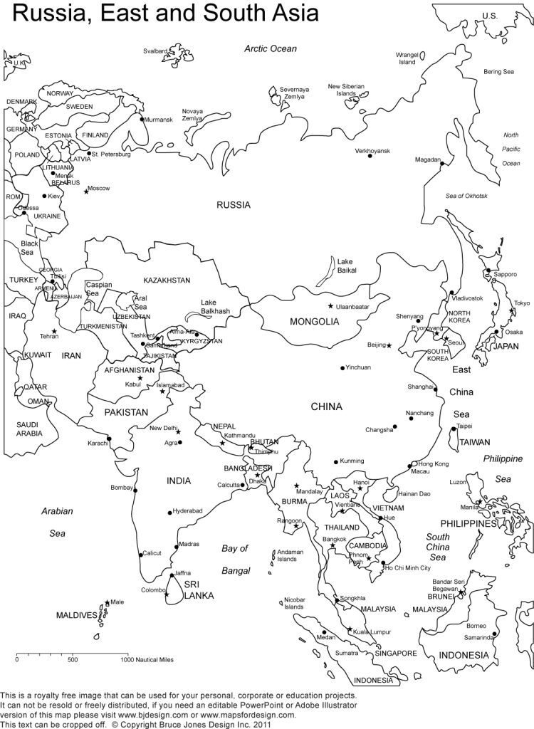 Russia and Asia Printable Blank Map, Country borders and names, jpg format, This map can be printed out to make an 8.5 x 11 blank: Rusia, Mongolia, China, India, Burma, Thailand, Cambodia, Vietnam, Iran, Pakistan, Afghanistan, Nepal, Bhutan, Philippines, Taiwan, Japan, South Korea, North Korea, Indonesia, Singapore, Malaysia, Laos, Bangladesh, Sri Lanka. Royalty-Free.