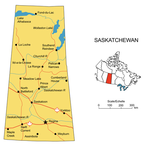 Saskatchewan, Canada Province PowerPoint and Adobe Illustrator Clip Art Map, Highways, Waterways, Cities