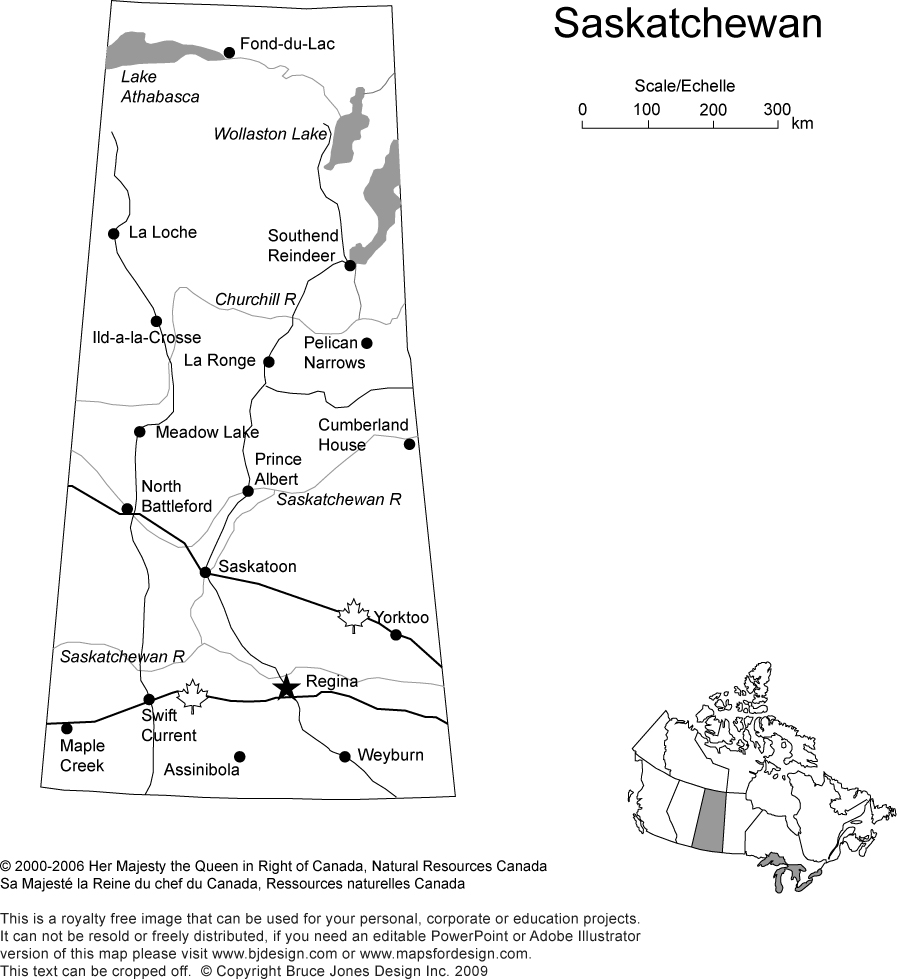 Printable, Blank Map of Saskatchewan, Canada province, includes the Capital, Major Cities, Major Highways, Waterways and Lakes, royalty free with jpg format, Will print out to make 8.5 x 11 map. Capital Regina, Canada, other cities, Maple Creek, Saskatoon, La Lache, Yorktoo