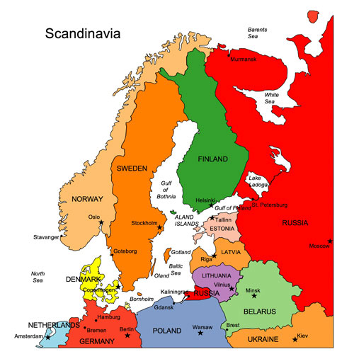 Scandinavia regional, printable map, color with names, Norway, Sweden, Finland, Estonia,Latvia, Lithuania, Belarus, Poland, Denmark, Baltic Sea, Russia, blank, royalty free, jpg format
