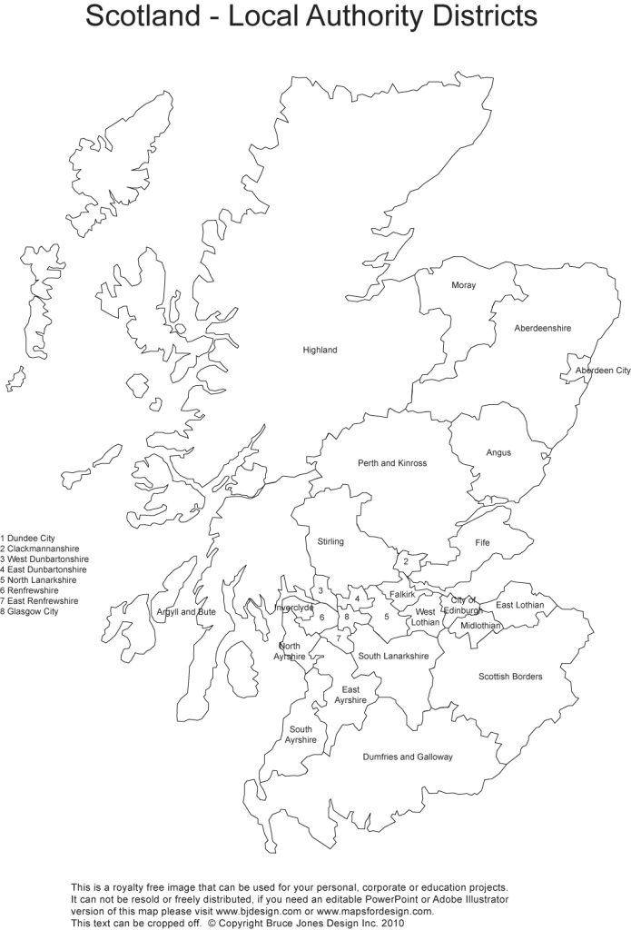 Royalty Free Printable, Blank, map of Scotland, UK, England, United Kingdom, Great Britain, administrative district borders with names, jpg format. This map can be printed out to make an printable map. The capital is Edinburgh