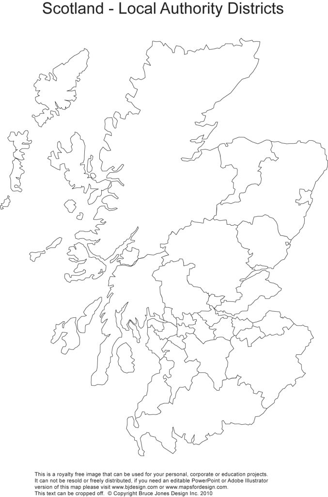 Royalty Free Printable, Blank, map of Scotland, UK, England, United Kingdom, Great Britain, administrative district borders, jpg format. This map can be printed out to make a printable map. The capital is Edinburgh