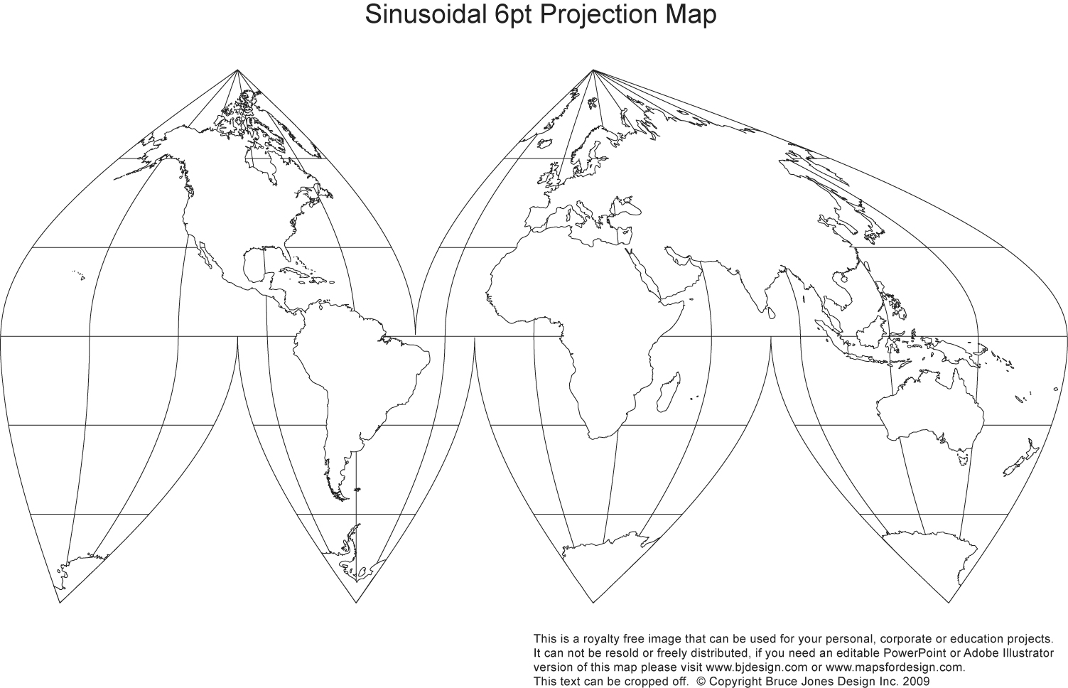Printable World Sinusoidal, Orange Peel, Projection Global Map Blank Map, general borders, grid line, royalty free, jpg format. This map can be printed our to make an 8.5 x 11 map.