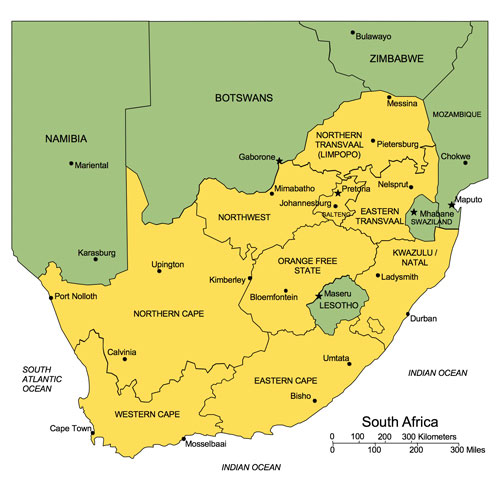 South Africa Country Map with Administrative Districts, Capitals. Names. Edit with PowerPoint or Adobe Illustrator, includes a JPG version