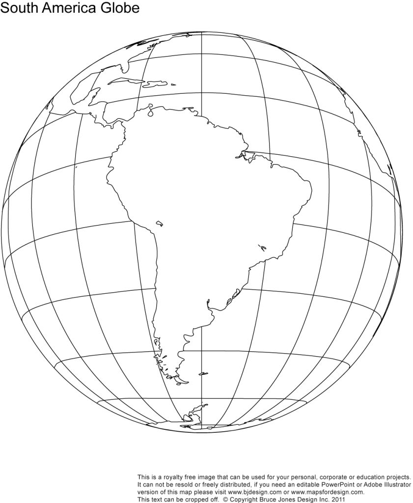Printable South America, Globe Blank Map, jpg format. This map can be printed out to make an 8.5 x 11 map. Shows South America, Central America, Cuba, South Atlantic Ocean, Pacific Ocean, South Pole.