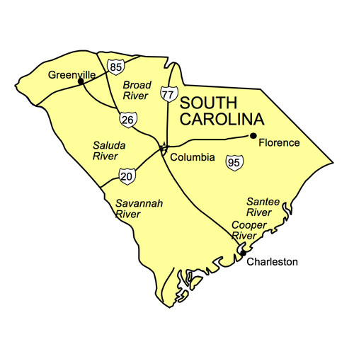 South Carolina US State PowerPoint Map, Highways, Waterways, Capital and Major Cities