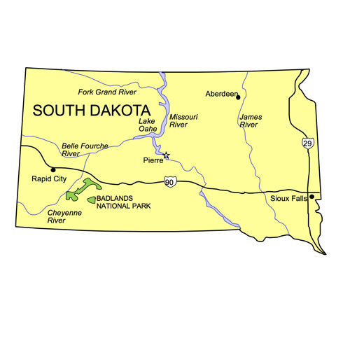 South Dakota US State PowerPoint Map, Highways, Waterways, Capital and Major Cities