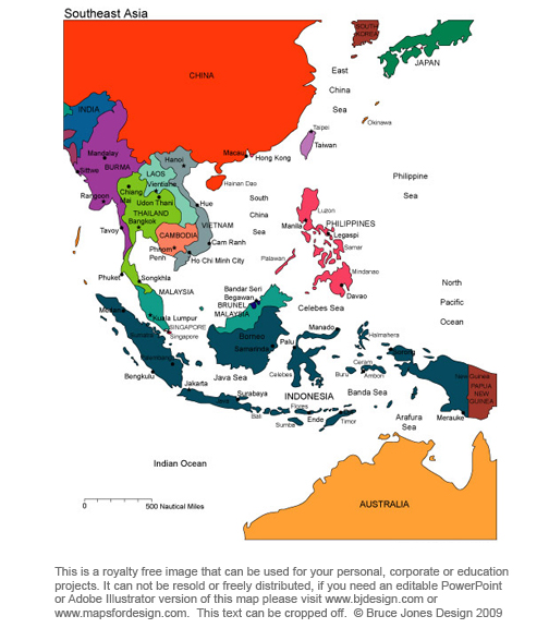 South East Asia Regional map, Printable, color with names, Cambodia, Laos, Vietnam, Philippies, Indonesia, Brunel, Malaysia, Thailand, Burma, Singapore, blank, royalty free, jpg format