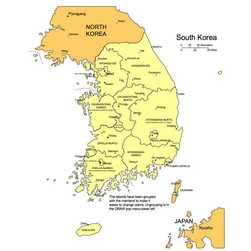 South Korea, Country Map, Capitals, Names with Administrative Districts. Edit with PowerPoint or Adobe Illustrator, plus JPG format
