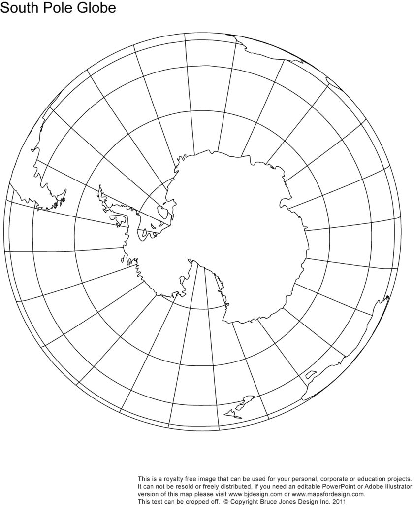 Printable South Pole, Globe Blank Map, jpg format. This map can be printed out to make an 8.5 x 11 map. Shows South Pole, tip of South America and Africa.
