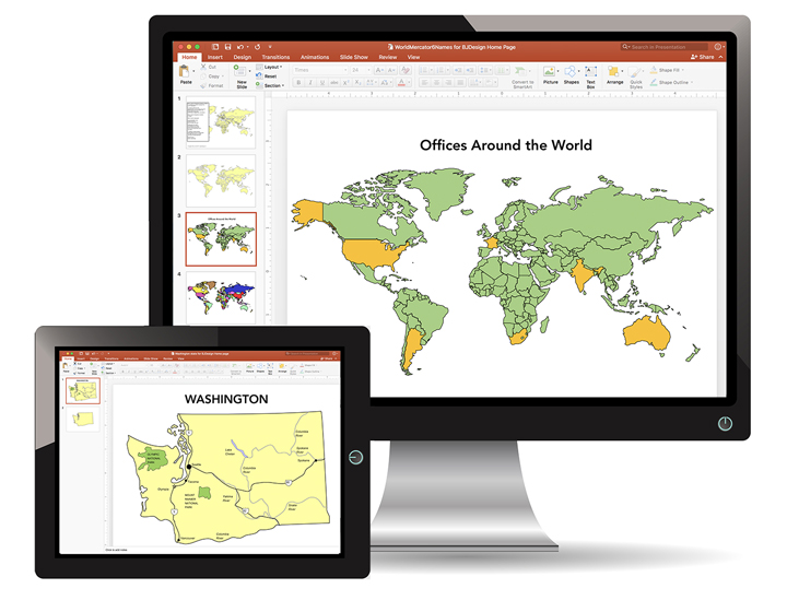 PowerPoint map samples in a PC screen and a tablet