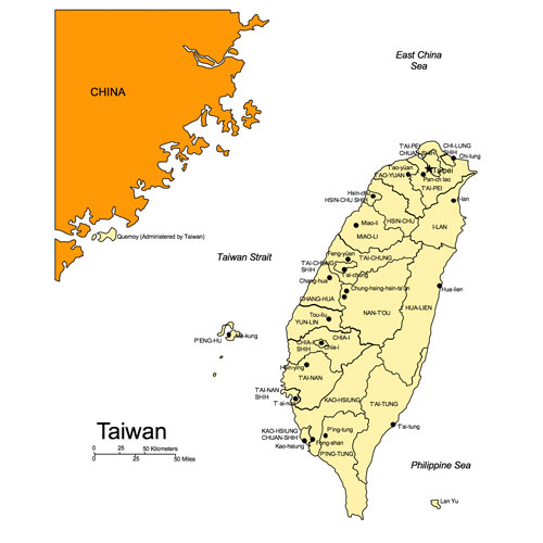 Taiwan, Country Map, Capitals, Names with Administrative Districts. Edit with PowerPoint or Adobe Illustrator, plus JPG format