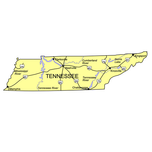 Tennessee US State PowerPoint Map, Highways, Waterways, Capital and Major Cities