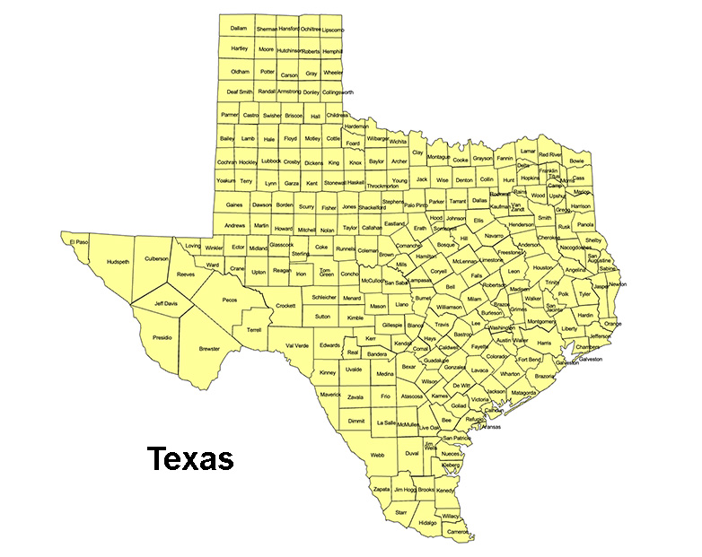 Texas State County Map, with names, printable, royalty-free, jpg format.