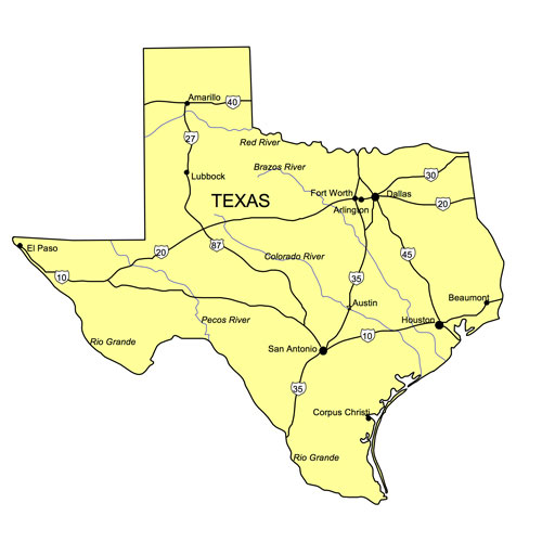 Texas US State PowerPoint Map, Highways, Waterways, Capital and Major Cities