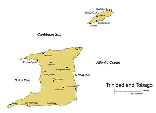 Trinidad and Tobago, PowerPoint Map, Islands, Editable PowerPoint and Adobe Illustrator clip art maps, includes names.