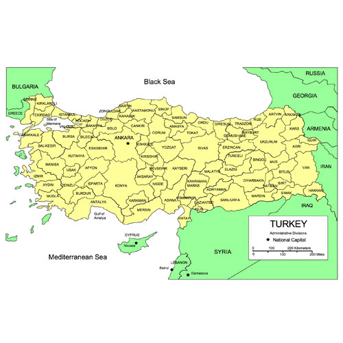 Turkey Country Map with Administrative Districts, Capitals. Names. Edit with PowerPoint or Adobe Illustrator, includes a JPG version