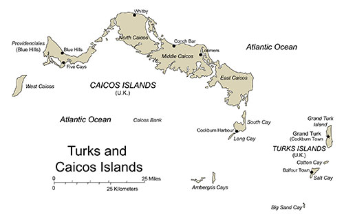 Turks Caicos, Country Map, Islands, Editable PowerPoint and Adobe Illustrator clip art maps, includes names.
