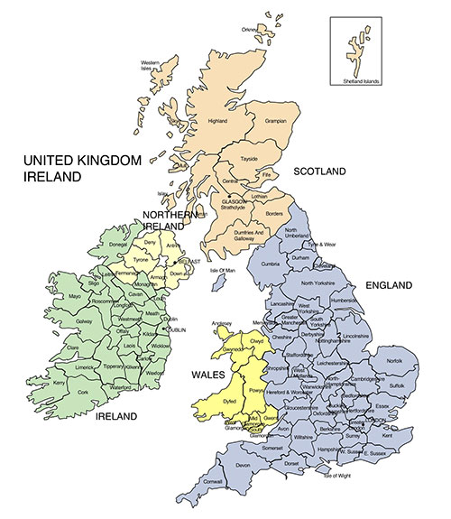 England, Ireland, Scotland, Northern Ireland Counties, names, counties, Capitals, Edit with PowerPoint or Adobe Illustrator, plus JPG format