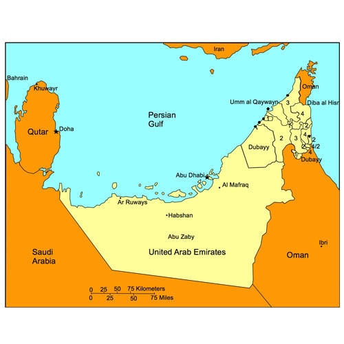 United Arab Emirates Country Map with Administrative Districts, Capitals. Names. Edit with PowerPoint or Adobe Illustrator, includes a JPG version