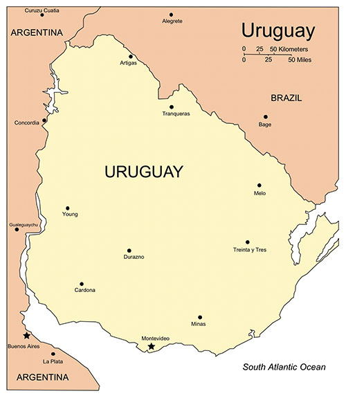 Uruguay, Country Map, Editable PowerPoint and Adobe Illustrator clip art maps, includes names.