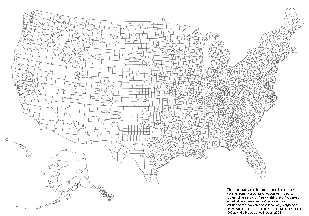 USA 50 States National County map. Black and White Outline, jpg format